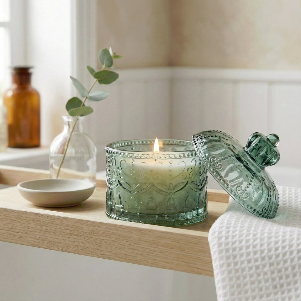 image 1 of Round Embossed Candle Jar Chengdu Green