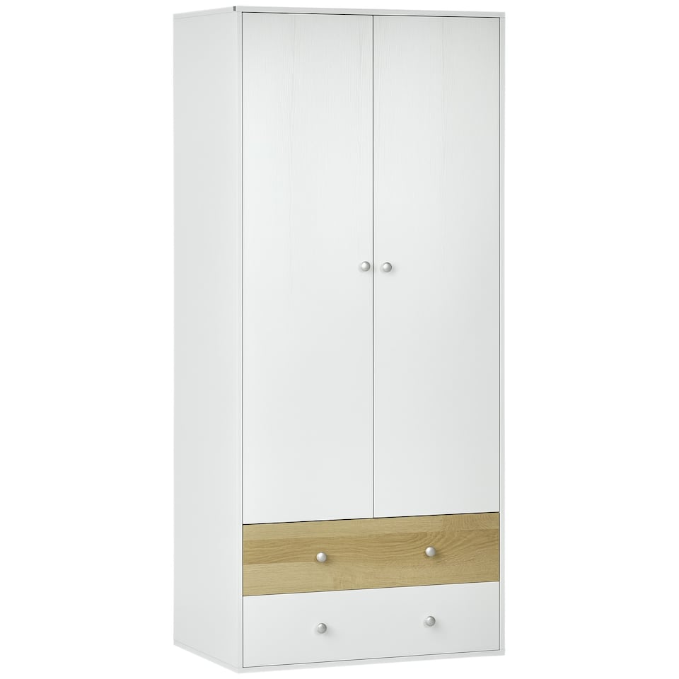 image 1 of HOMCOM 2 Door Wardrobe White Wardrobe with Drawers and Hanging Rod for Bedroom