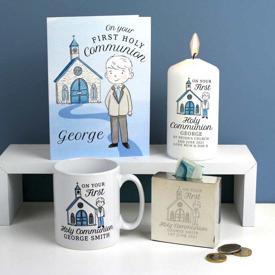 image 1 of Personalised Boys First Holy Communion Pillar Candle White