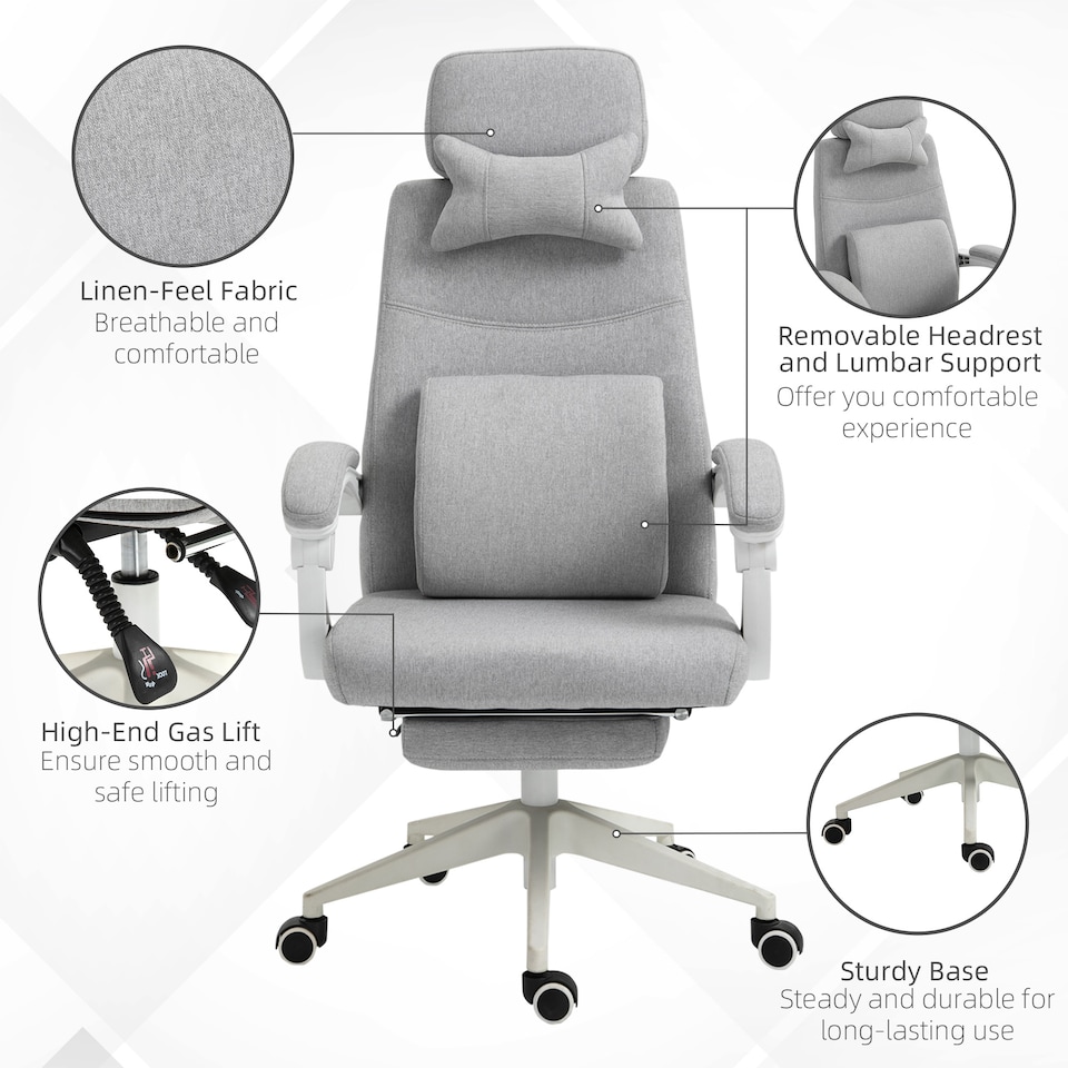 image 1 of Vinsetto Office Chair, Ergonomic Desk Chair, High Back Fabric Work Chair with 160 Reclining Backrest, Retractable Footrest, Neck and Lumbar Pillow for Home and Study, Grey