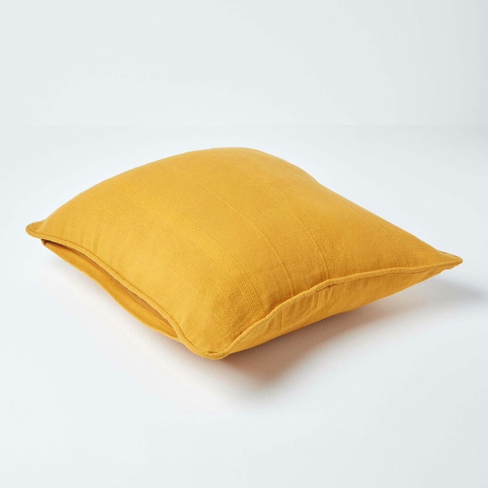 image 1 of Homescapes Cotton Rajput Ribbed Mustard Yellow Cushion Cover - 60 x 60cm