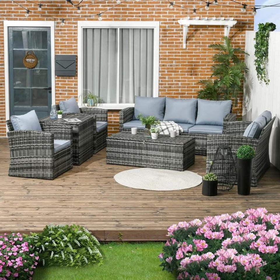 image 1 of 7 Seater Rattan Outdoor Furniture Set with Storage  - Grey