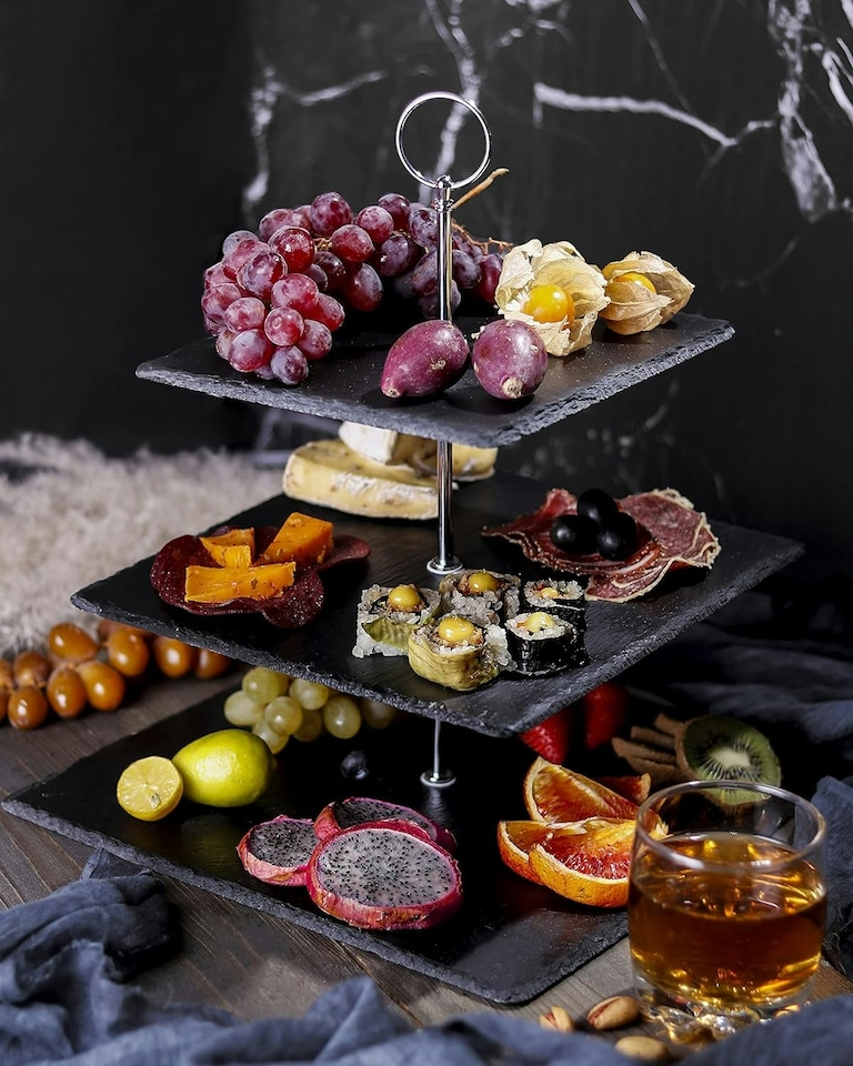 image 1 of Van Gogh 3 Tier Cake Stand Wedding Square Slate Plates with Handle | Grey | One Size