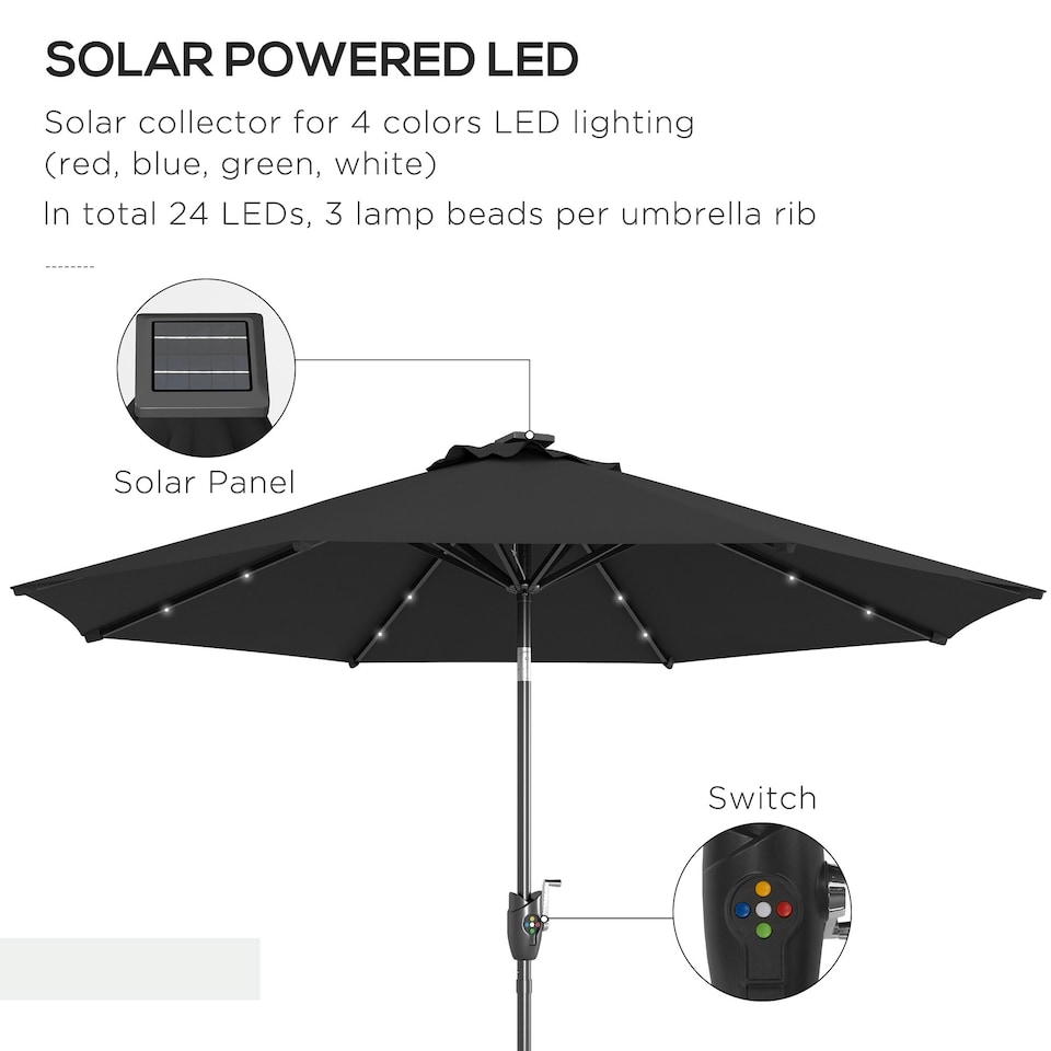 image 1 of Outsunny Garden Parasol Outdoor Tilt Sun Umbrella LED Light Black
