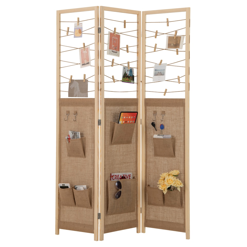 image 1 of COSTWAY 3 Panel Room Divider Folding Display Stand 8 Storage Pockets Natural