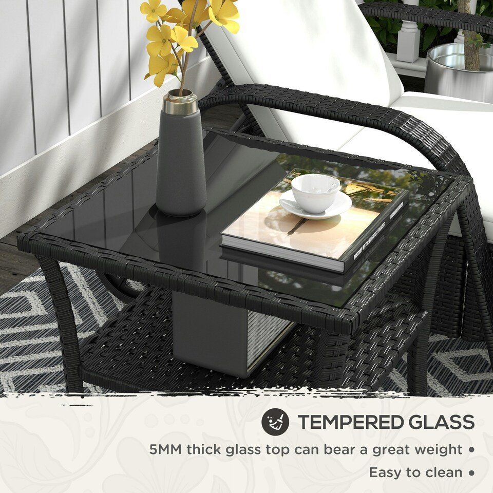image 1 of Outsunny PE Rattan Coffee Table, Two-tier Side Table with Glass Top, Black | Black | Black | 50L x 50w X 45H cm