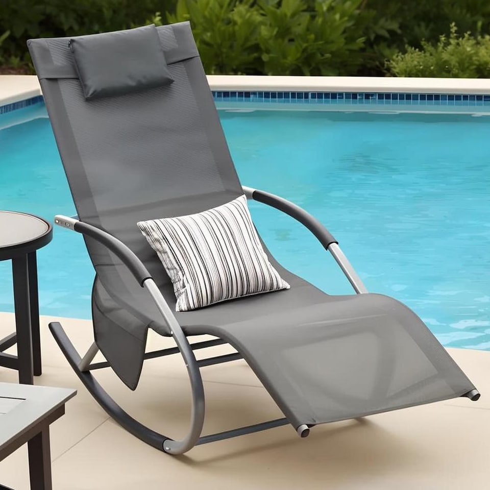 image 1 of Gr8 Garden Grey Sun Lounger Garden Rocking Chair Recliner Patio Seat with Pillow Headrest