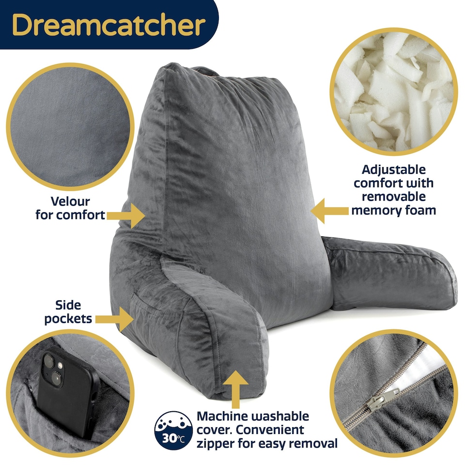 image 1 of Dreamcatcher Grey Reading Pillow Memory Foam Large Bed Cuddle Cushion, Gaming Cushion with Washable Velvet Cover | Grey | Grey | Large | 1