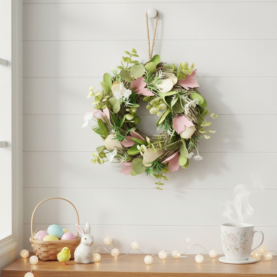 image 1 of Hanging Door Wreath Round Spring Easter Christmas Wall Decor Traditional Festive | Multi | Green, Cream & Pink | 34cm | 1