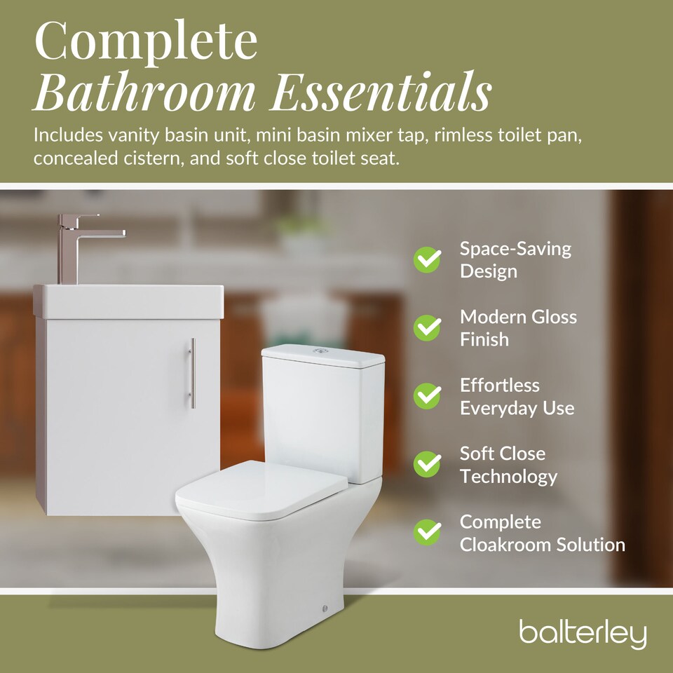 image 1 of Balterley Saint Cloakroom Set - Wall Hung Vanity Basin Unit, Toilet Pan, Cistern, Seat & Mini Basin Tap - Balterley | Green | Gloss White | 438.0000 x 400.0000 x 222.0000mm
