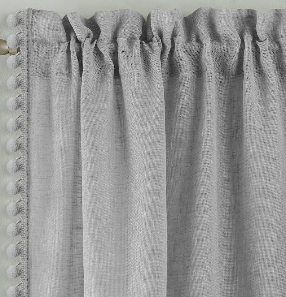 image 1 of Pair of Tahiti Grey Pom-Pom Trim Linen Look Voile Panels with Rod Pocket Header 122 CMS