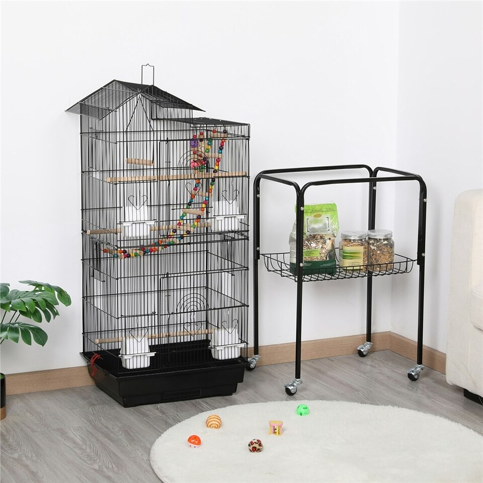 image 1 of Yaheetech 158.5 cm Tall Roof Top Birdcage with Rolling Metal Stand Black