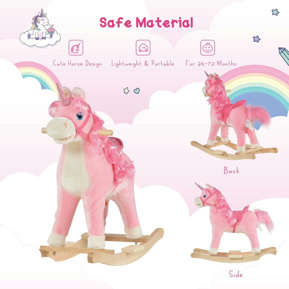 image 1 of HOMCOM Kids Rocking Unicorn Ride-On Horse Moving Mouth Tail Sounds 36-72 Mnths
