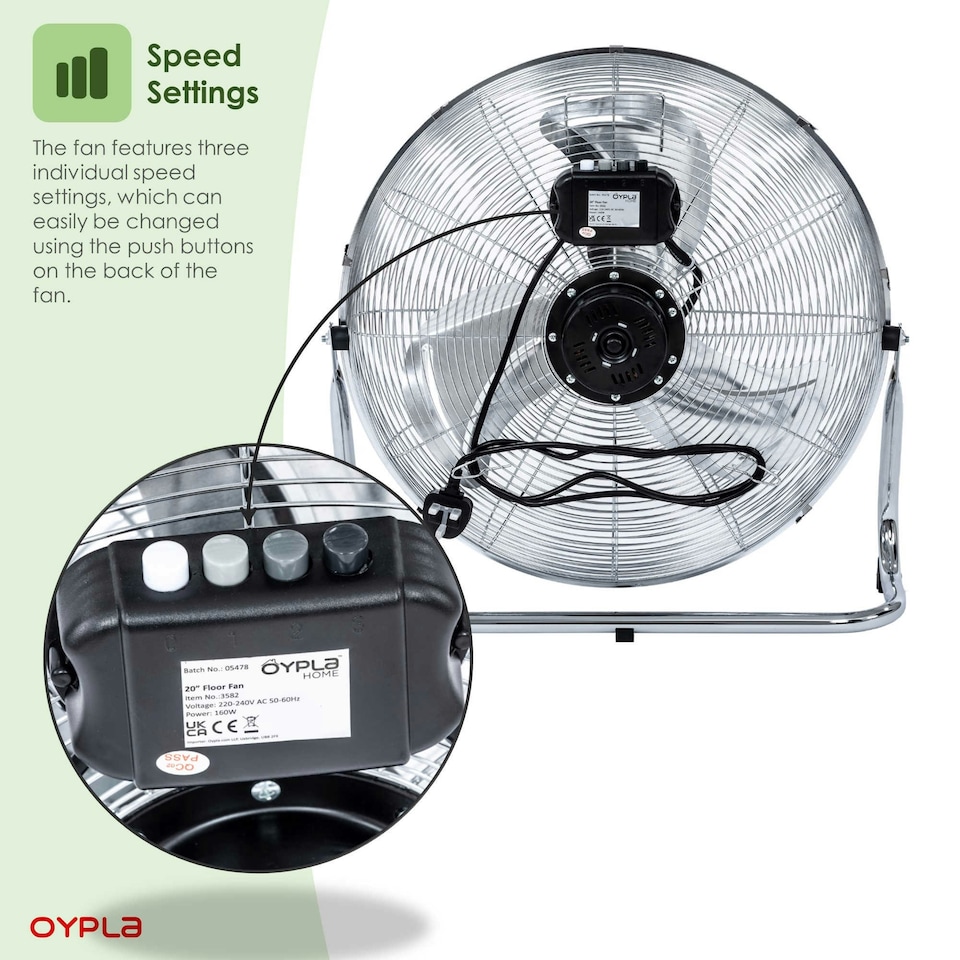 image 1 of Oypla Electrical 20" Inch 50cm Chrome 3 Speed Floor Standing Gym Fan Hydroponic