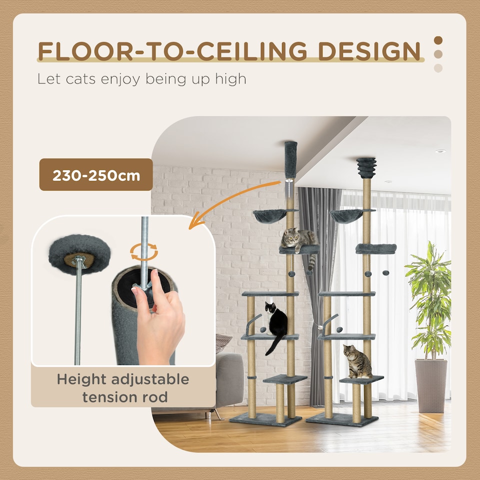 image 1 of PawHut Floor To Ceiling Cat Tree 6-Tier with Scratch Post Bed Hammock