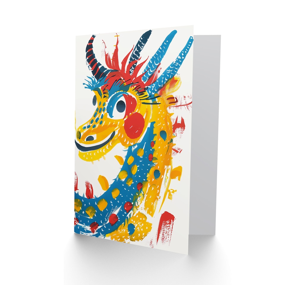 image 1 of Chinese Dragon Yellow Blue Red Paint Sketch Birthday Card