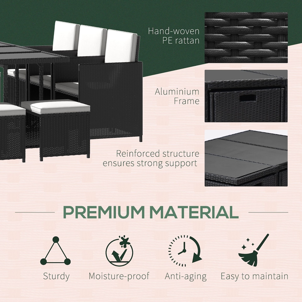 image 1 of Outsunny 10 Seater Cube Rattan Dining Set W/ Cushions Glass Top Table Black