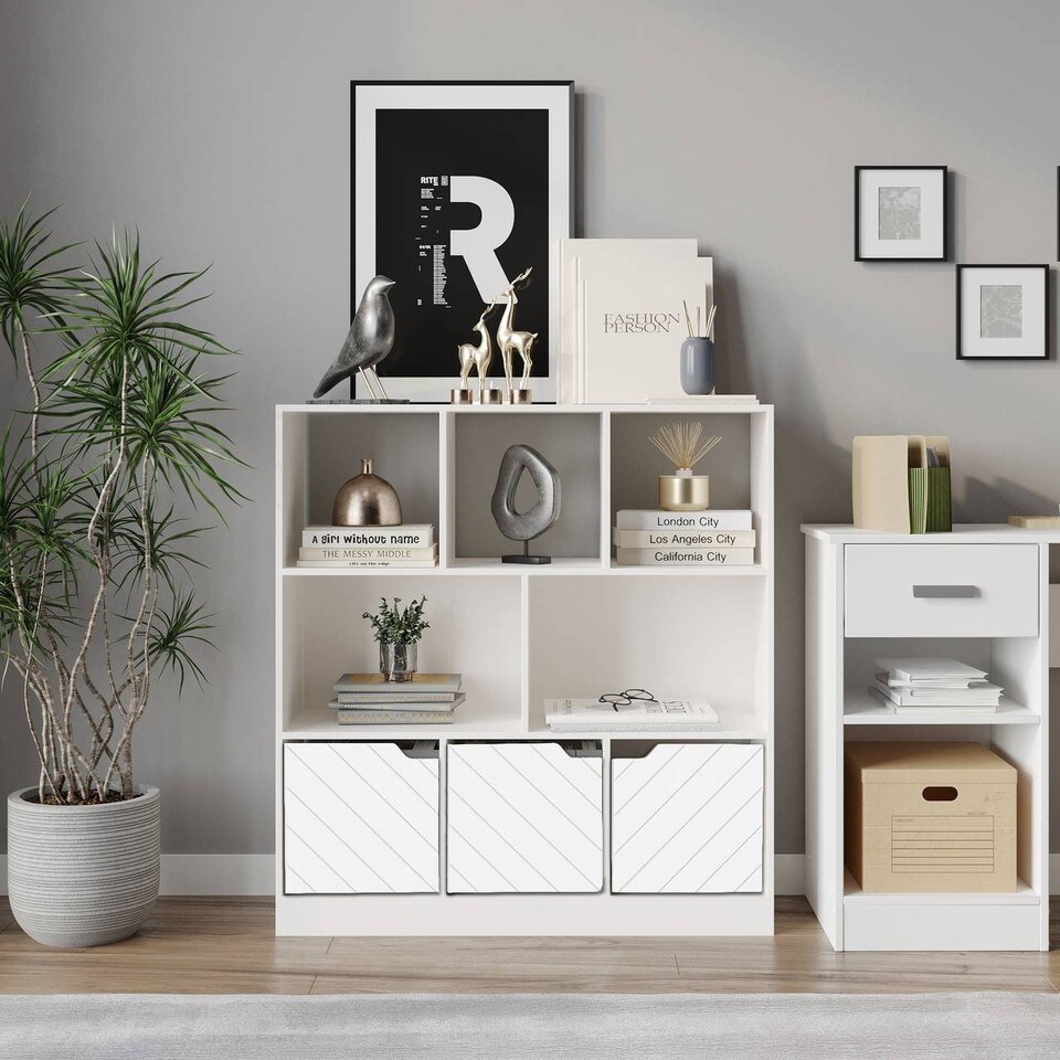 image 1 of Asymmetrical 8 Cube White Freestanding Bookcase Shelf Storage Unit with 3 Doors | White | Line Design Doors - White