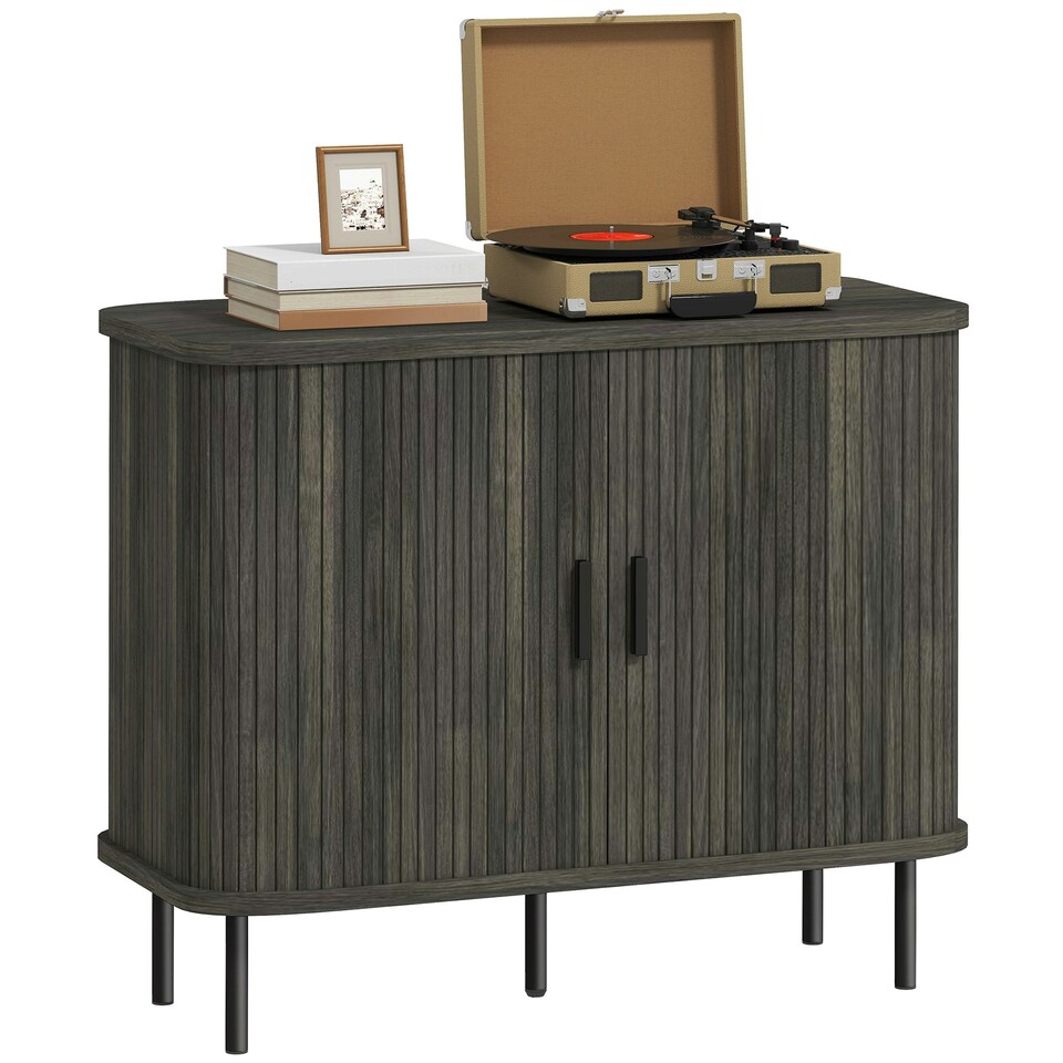 image 1 of HOMCOM Sideboard Storage Cabinet with Slatted Tambour Sliding Doors Grey Grey | Black