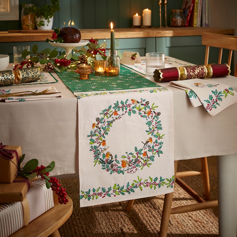 image 1 of Ulster Weavers Christmas Robins Table Runner Green