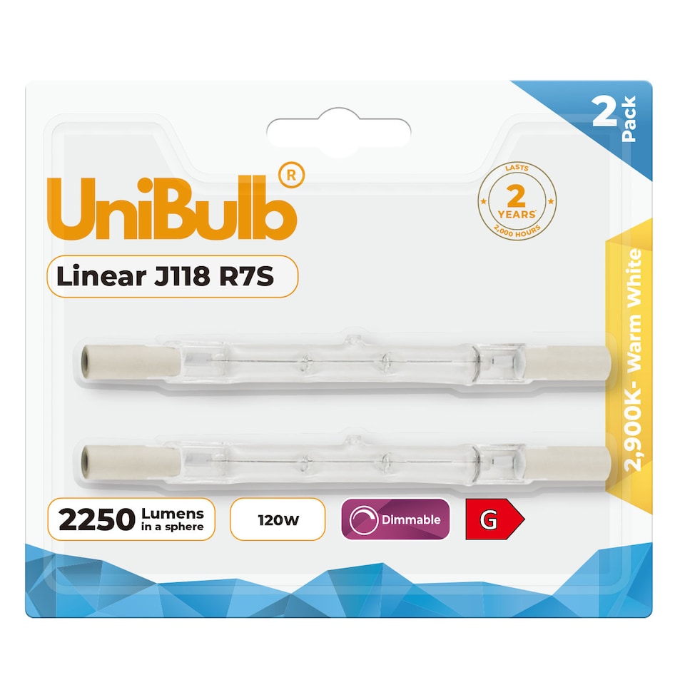 image 1 of UniBulb Halogen 118mm R7S Linear 2250lm 120W 2900K (Warm White) Dimmable Light Bulb - Pack of 2 | Clear | Warm White | 2