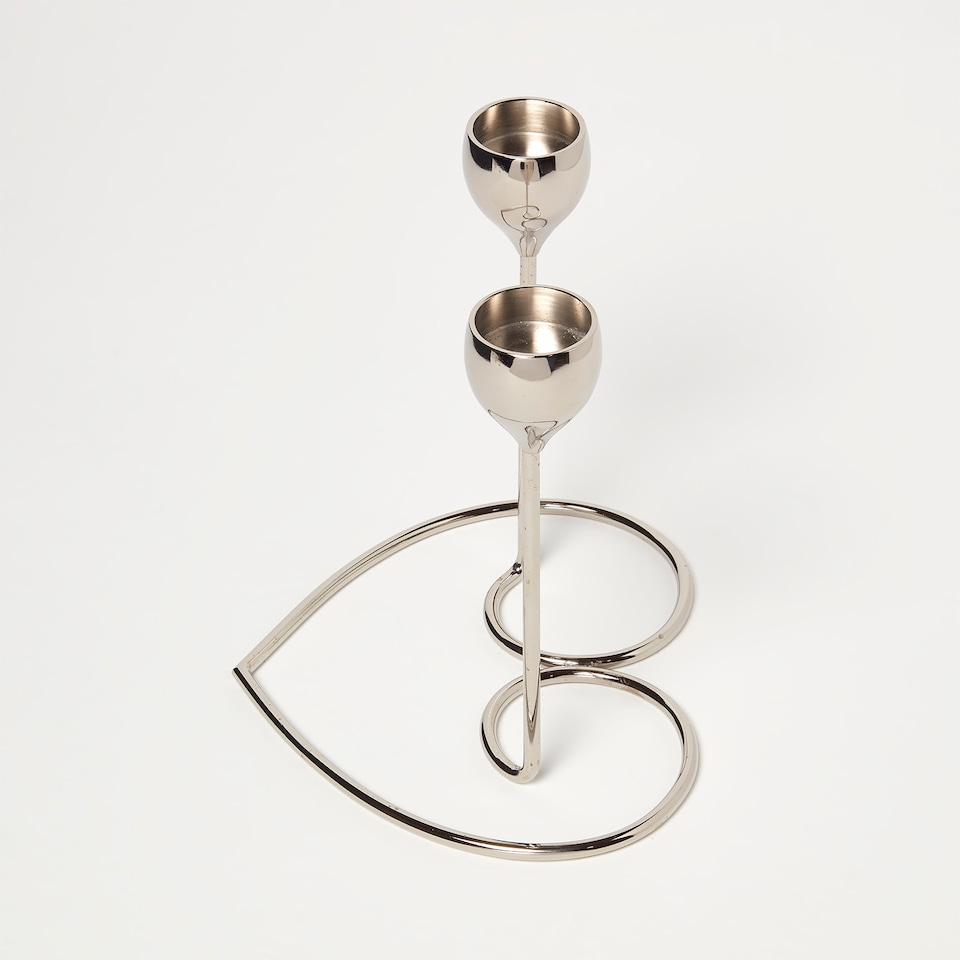 image 1 of Homescapes Dual Brass Heart Dinner Candle Holder – Polished Silver