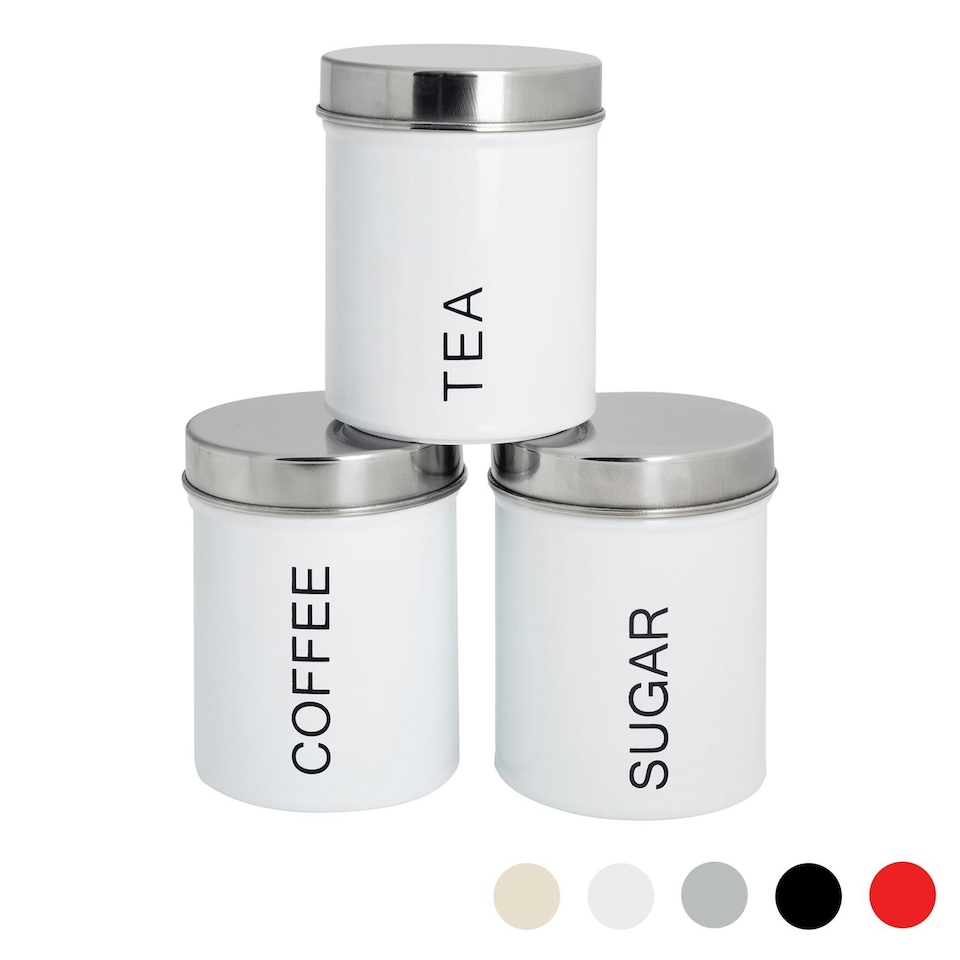 image 1 of Harbour Housewares White Round Metal Kitchen Tea Coffee Sugar Canisters Kitchen Caddy Kitchen Storage Containers Canister