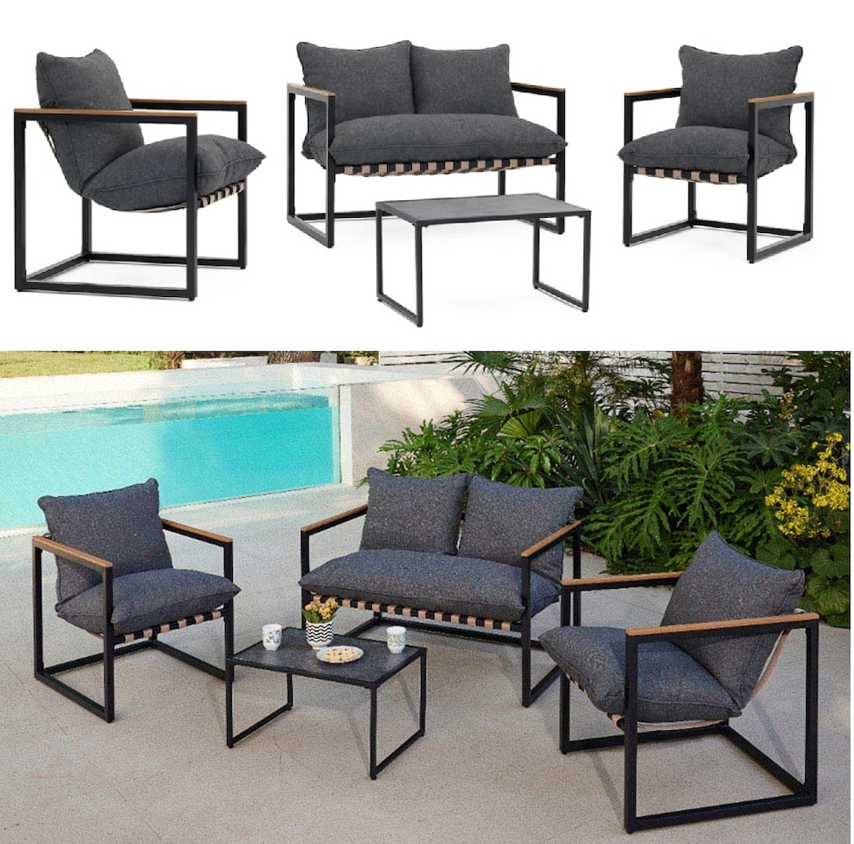image 1 of Garden Sofa Set Lounge Outdoor 2 Seater Sofa Chairs Coffee Table Grey Cushions 4 Seater Black Furniture - Porto