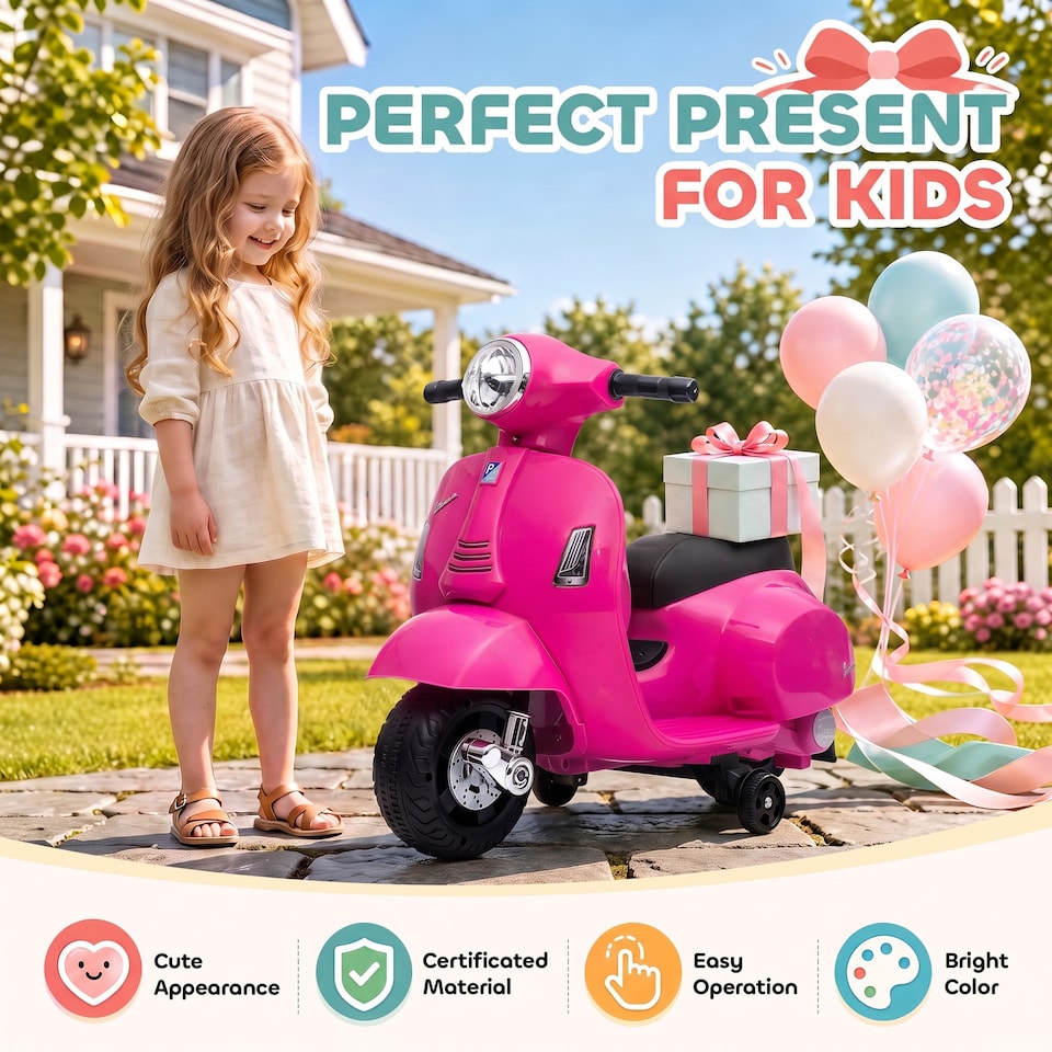 image 1 of HOMCOM Vespa Licensed Kids Ride On Motorcycle, 6V Battery Powered, Pink
