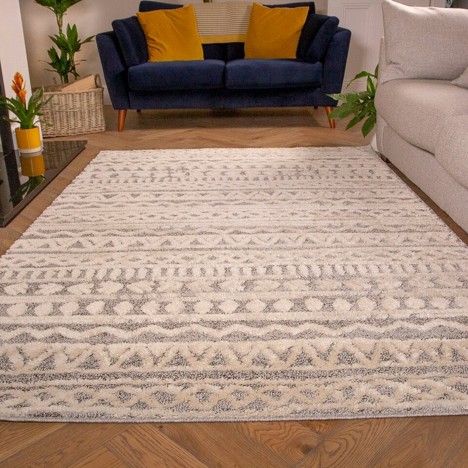 image 1 of KUKOON Grey Cream Aztec Loop Pile Living Room Area Rug 120cm x 170cm Grey