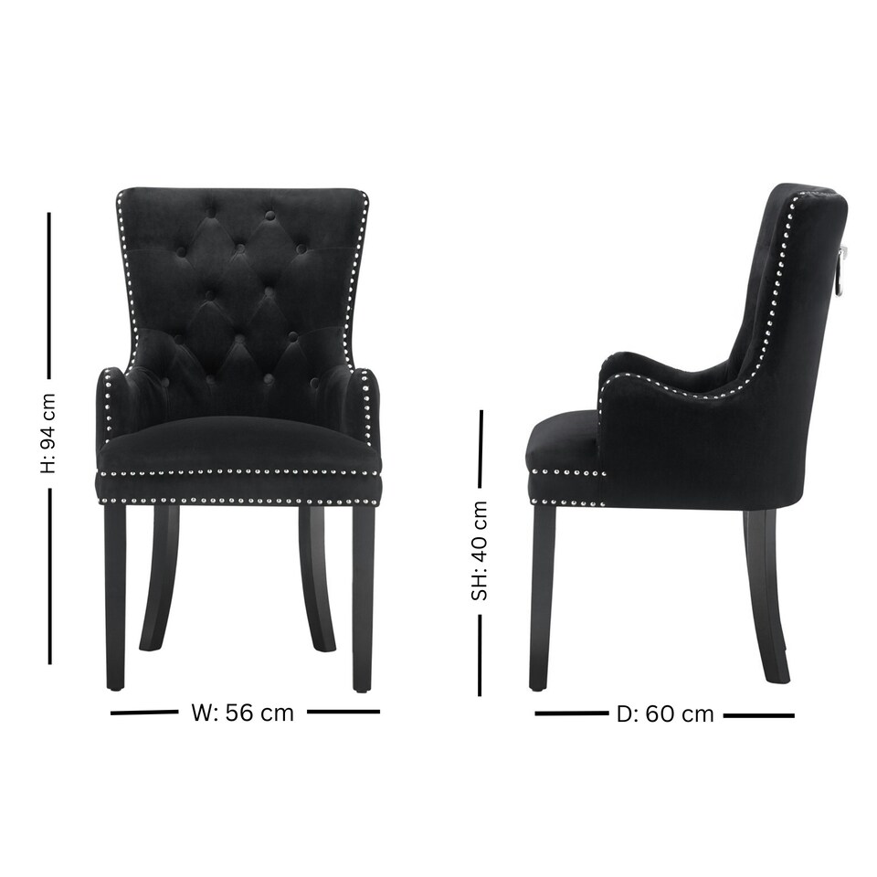 image 1 of Set of 4 Velvet Dining Chairs with Armrest, Ergonomic Scoop Knockerback & Button Tufted Wood Legs Black