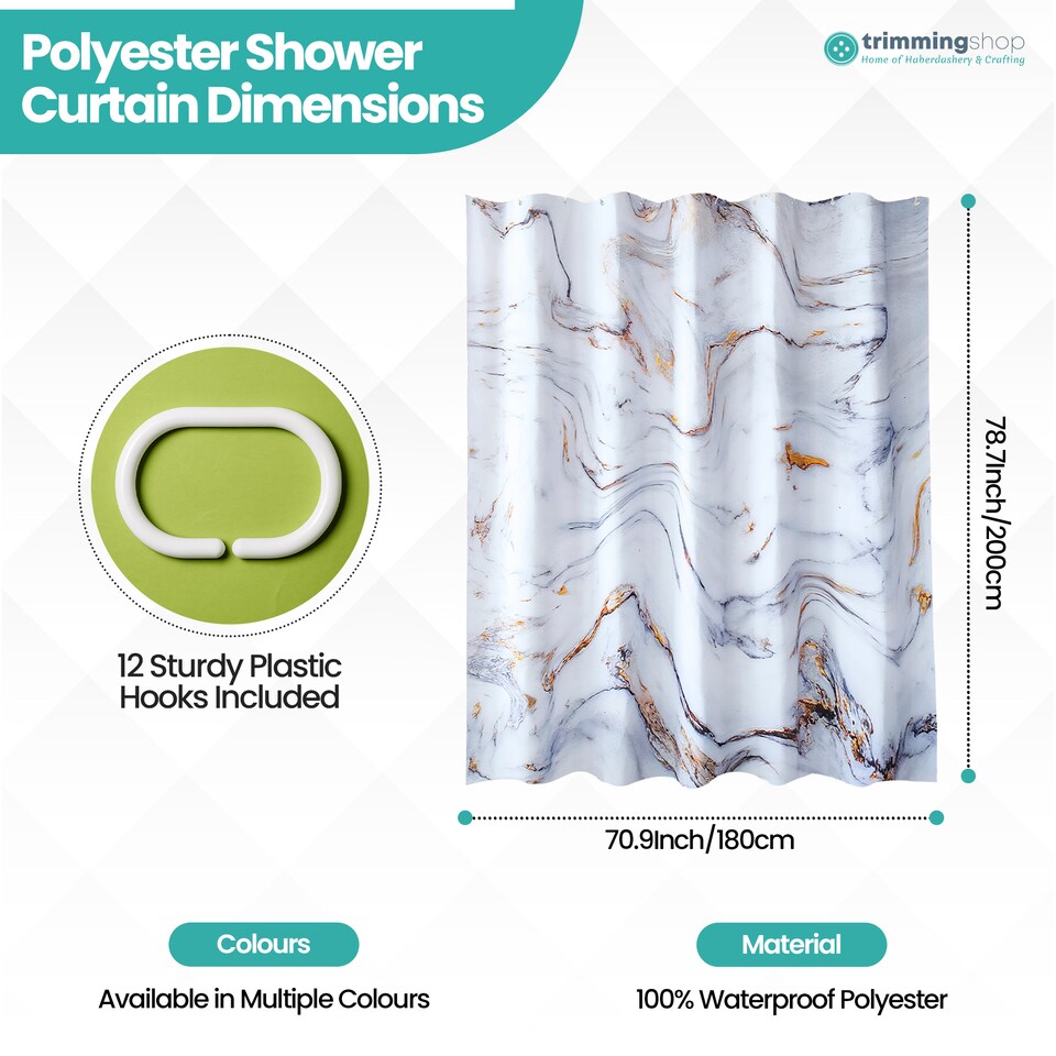 image 1 of White & Grey Marble Polyester Shower Curtain with 12 Hooks - 180x200cm