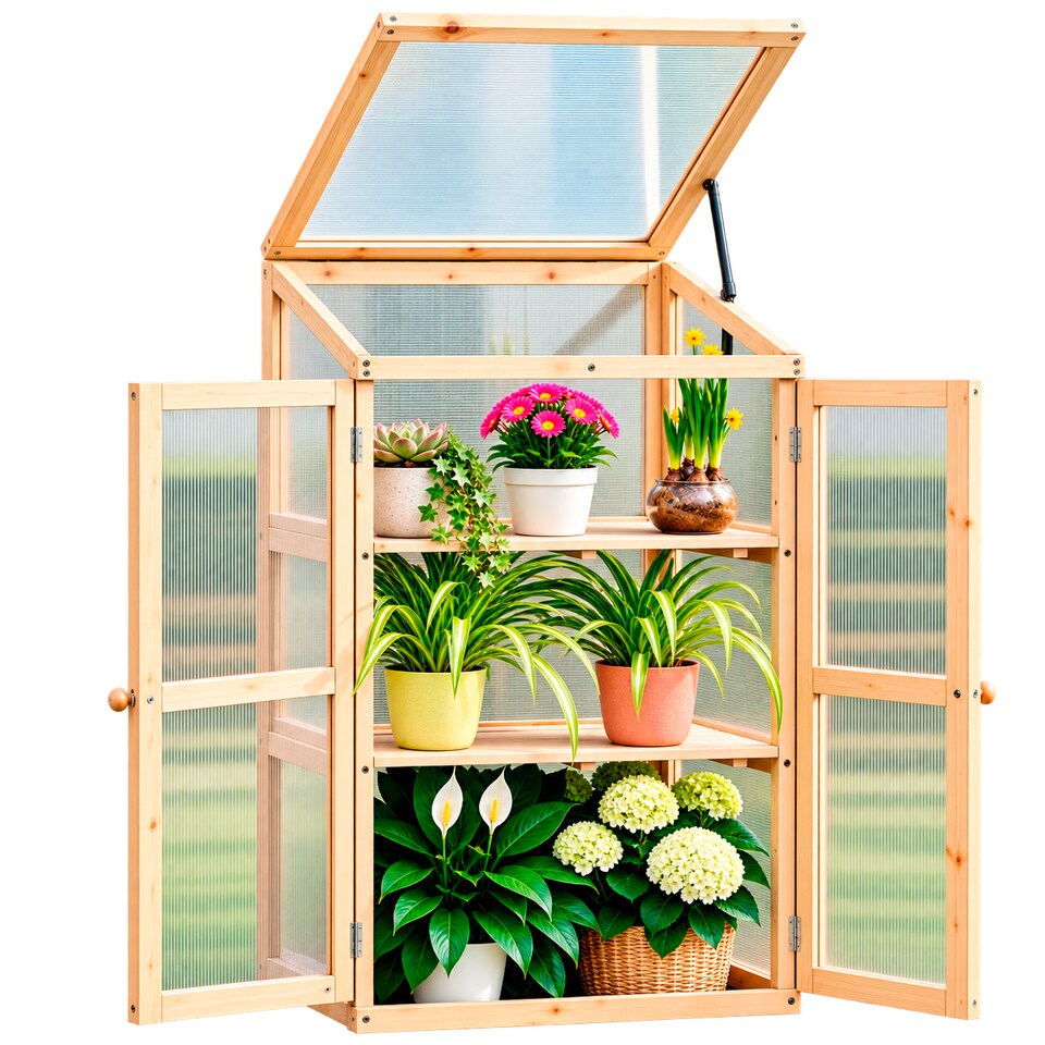 image 1 of Neo Mini Wooden Greenhouse Cold Frame Garden Flower Vegetable Planting Box Growhouse