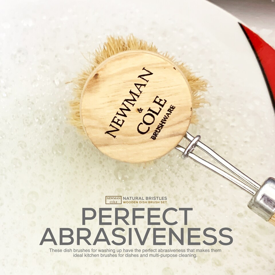 image 1 of Wooden Dish Brush Set with Natural Bristles and Replacement Heads
