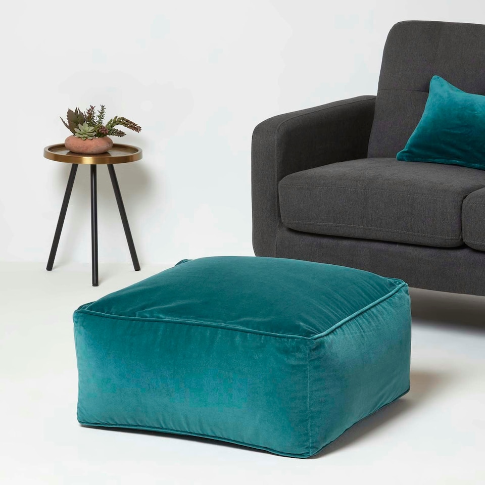 image 1 of Homescapes Teal Green Velvet Pouffe Bean Cube