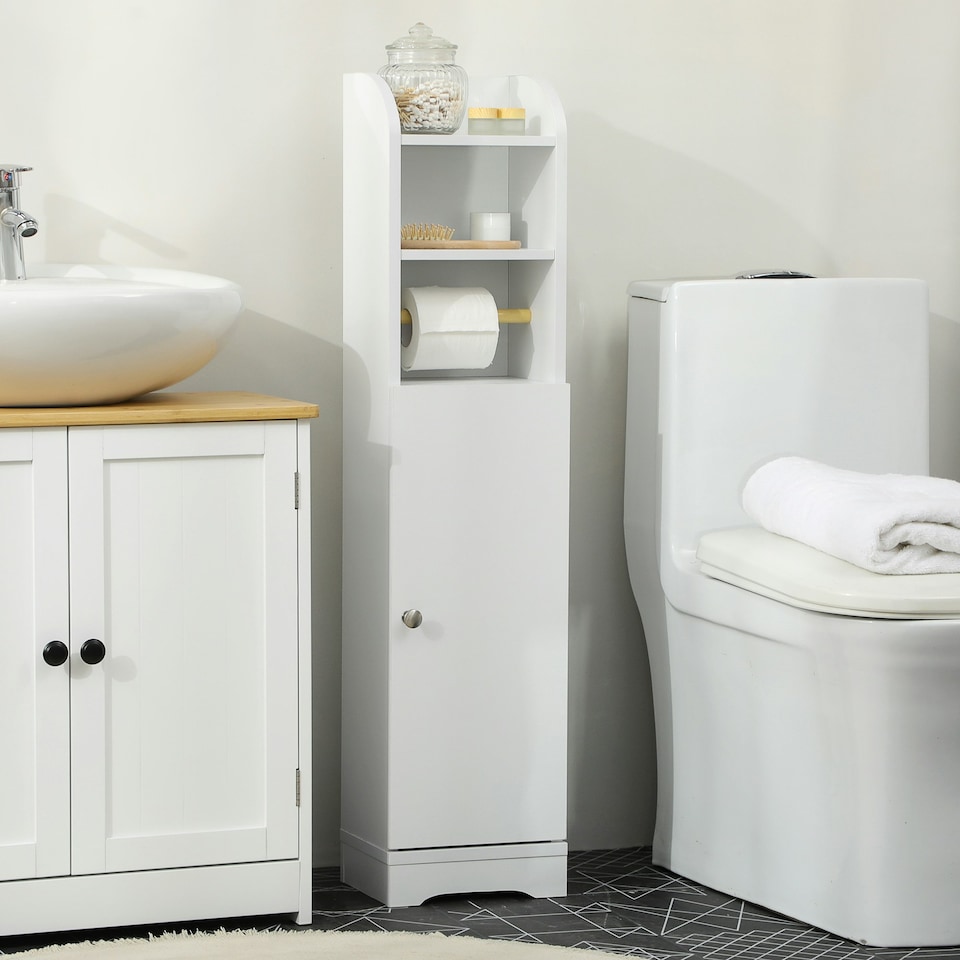 image 1 of kleankin Freestanding Bathroom Storage Unit with Adjustable Shelf, White White