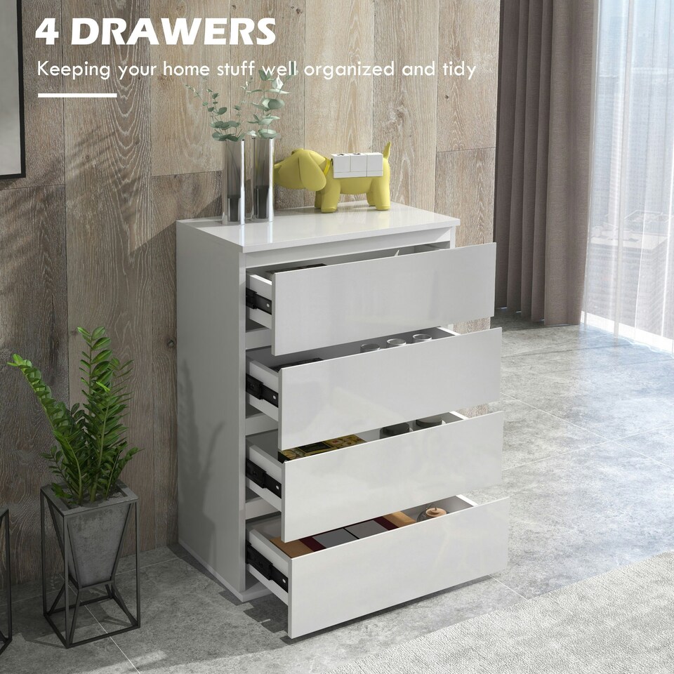 image 1 of HOMCOM Bedroom Chest of Drawers, High Gloss 4 Drawers Dresser, Grey