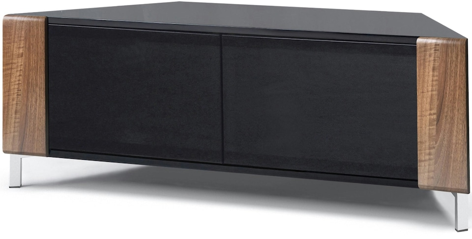 image 1 of MDA Designs CORVUS Corner-Friendly Gloss Black Contemporary Cabinet with Walnut Profiles Black BeamThru Glass Doors Suitable for Flat Screen TVs up to 50" | Multi | 1