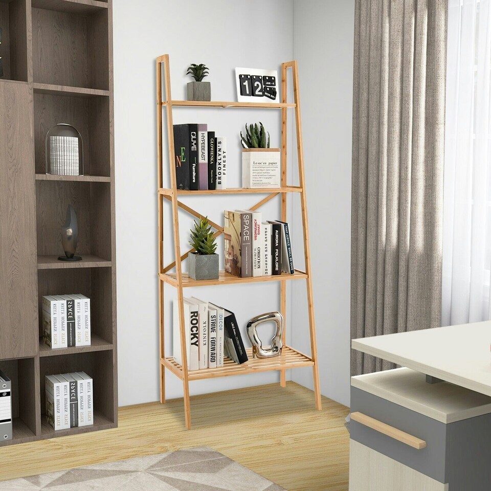 image 1 of COSTWAY 4-Tier Ladder Shelf Bookcase Storage Organizer Brown