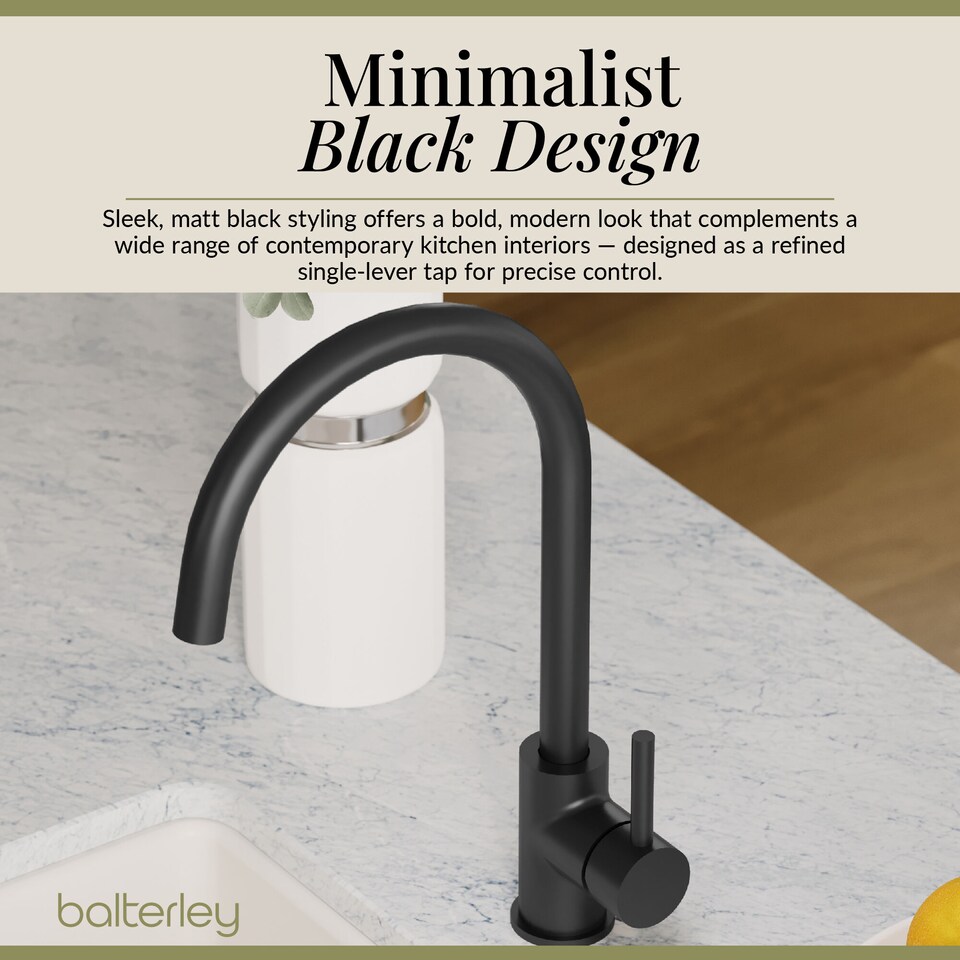 image 1 of Balterley Lacerta Kitchen Mono Mixer Tap with Single Lever Handle, High Curved Swivel Spout | Black | Matt Black | 1