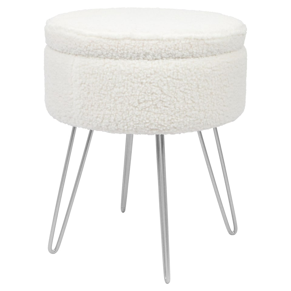 image 1 of Harbour Housewares Boucle Storage Footstool - Round Modern Dressing Table Footstool Vanity Seat Chairs - 46 x 37cm Silver Legs | Silver | Cream/Silver | Pack of 1 | 1