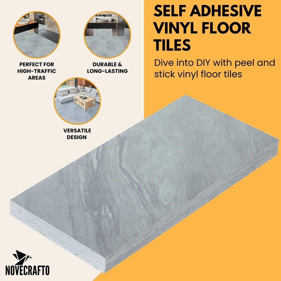image 1 of NOVECRAFTO Vinyl Floor Tiles Self Adhesive – 12x24in Peel and Stick Waterproof Rectangular Flooring for Kitchen & Bathroom – Grey White Marble Effect Grey | 5.57 sqm
