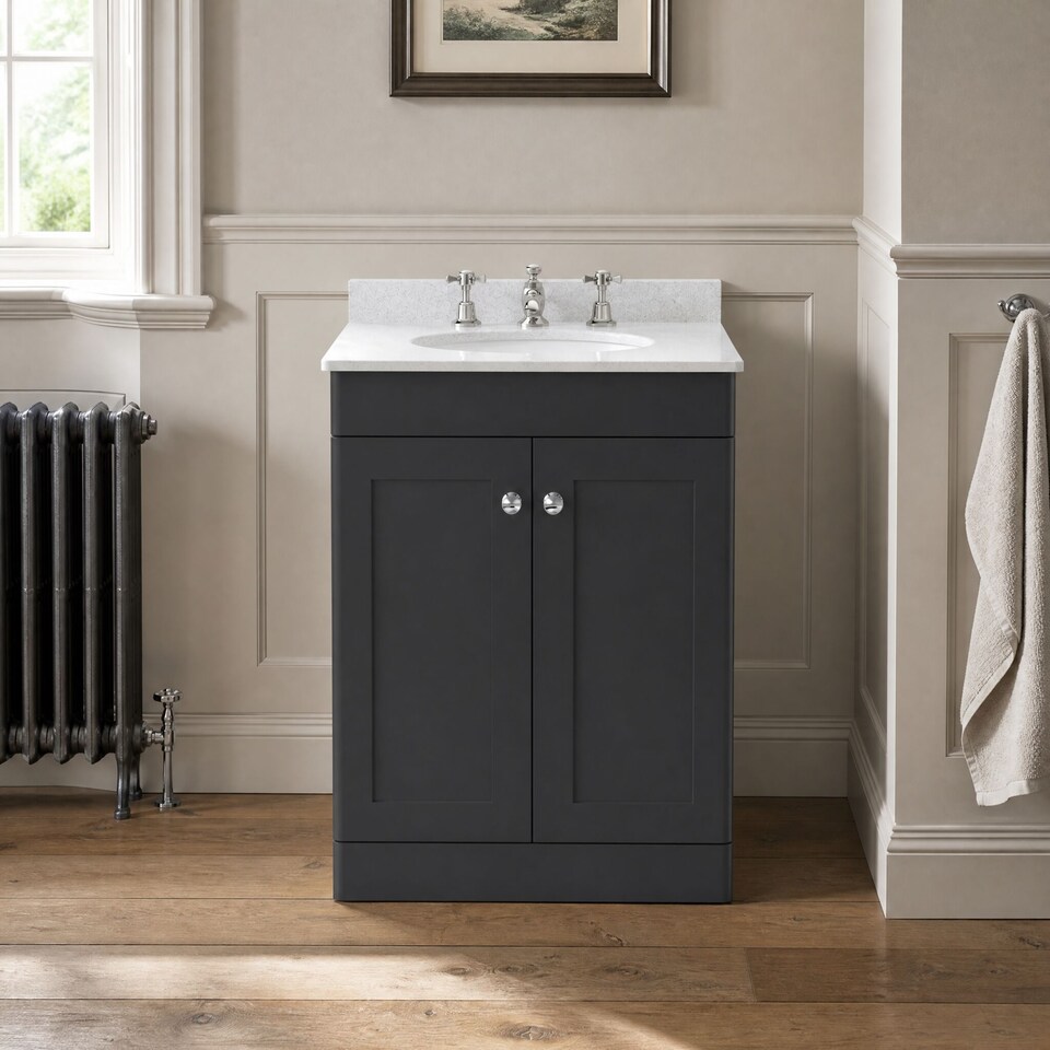 image 1 of Balterley Swynnerton Traditional 2 Door Floor Standing Vanity Unit with Marble Basin, Dark Grey, 600mm