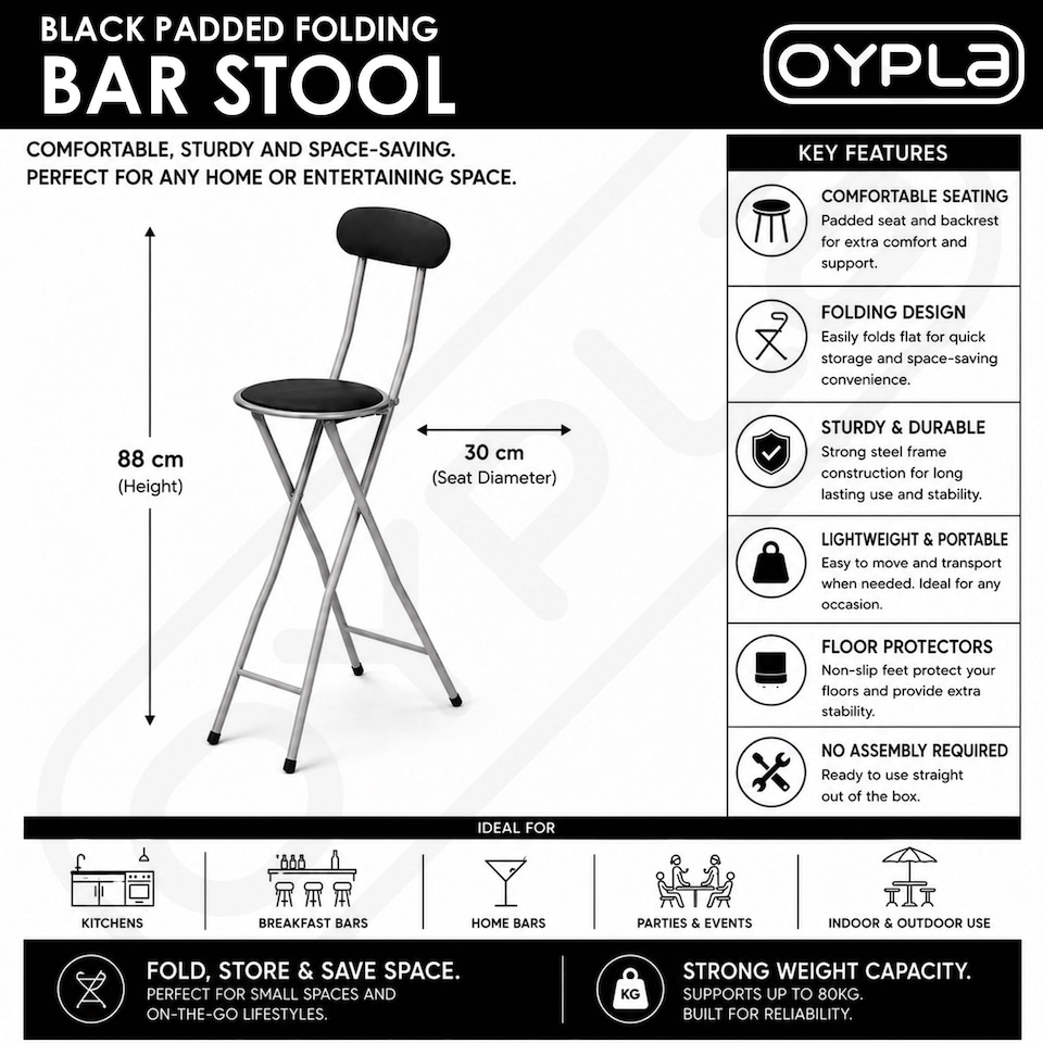 image 1 of Black Padded Folding High Chair Breakfast Kitchen Bar Stool Seat | Black