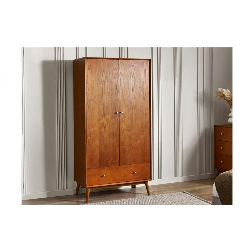 image 1 of Cherry Ash Wood Veneer 2 Door 1 Drawer Wardrobe