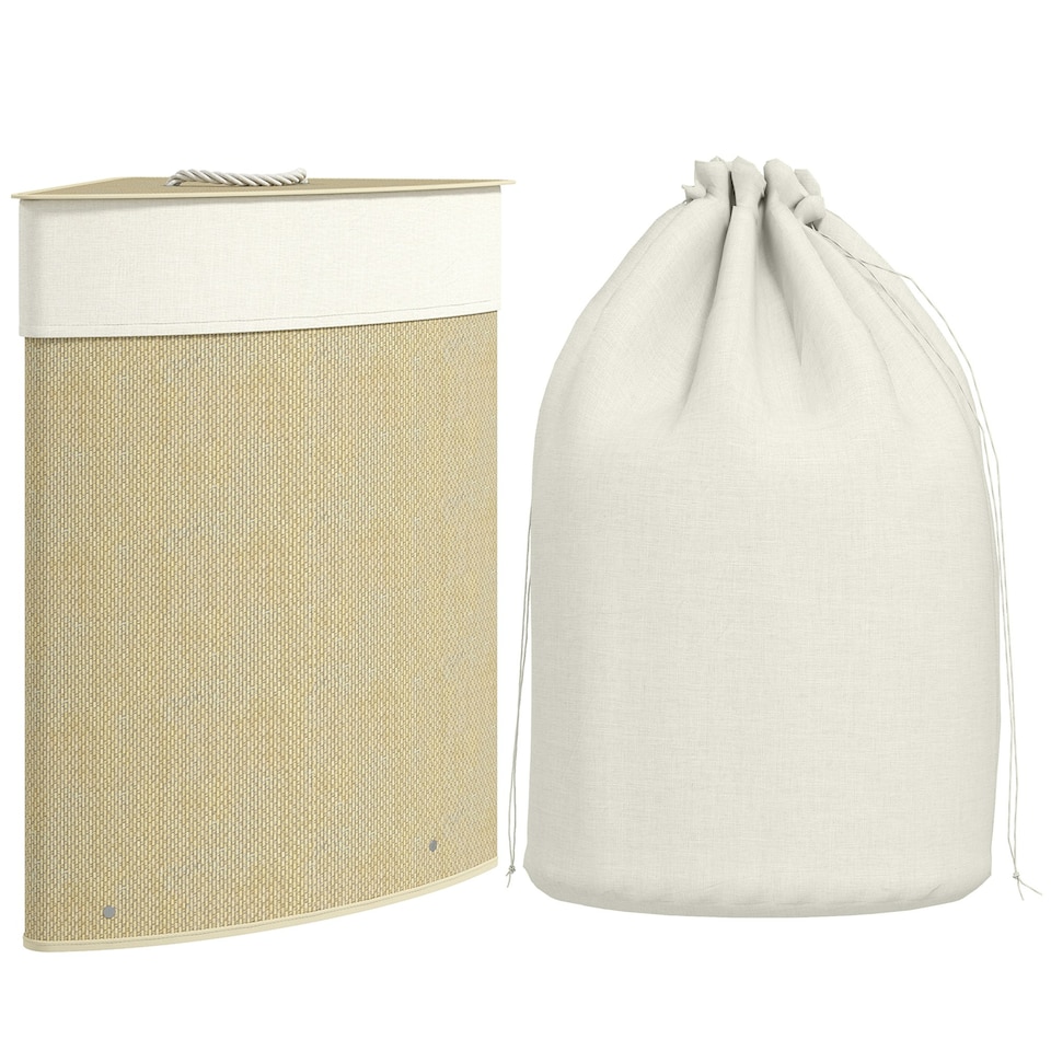 image 1 of HOMCOM 55L Laundry Hamper with Removable Washable Liner Bag, Nature Wood Finish Brown | Cream