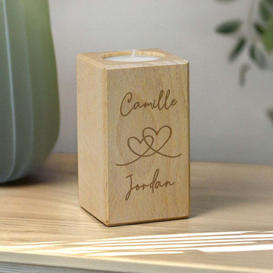 image 1 of Personalised Engraved Hearts Wooden Tealight Holder Brown