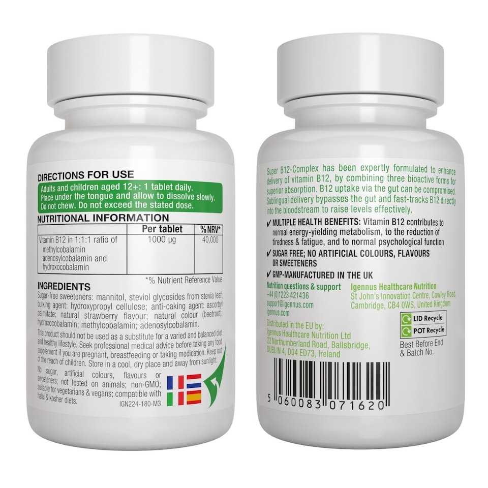 image 1 of Igennus Super B12-Complex 1000mcg, Sublingual Vitamin B12 Melt, High Absorption Methylcobalamin, Adenosylcobalamin & Hydroxocobalamin, 180 Tablets