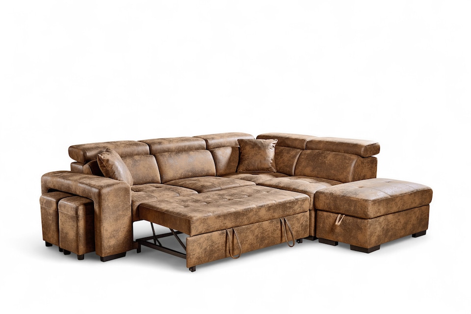 image 1 of Faux Leather Suede Brown 2C1 Corner Sofabed with Storage and Ottomans AMELIA
