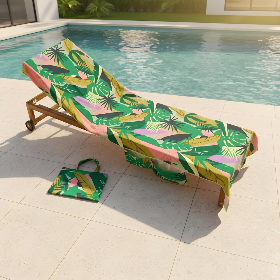 image 1 of OHS Print Beach Towel with Bag Quick Dry Absorbent Travel Spa | Orange | Green Palm | One size